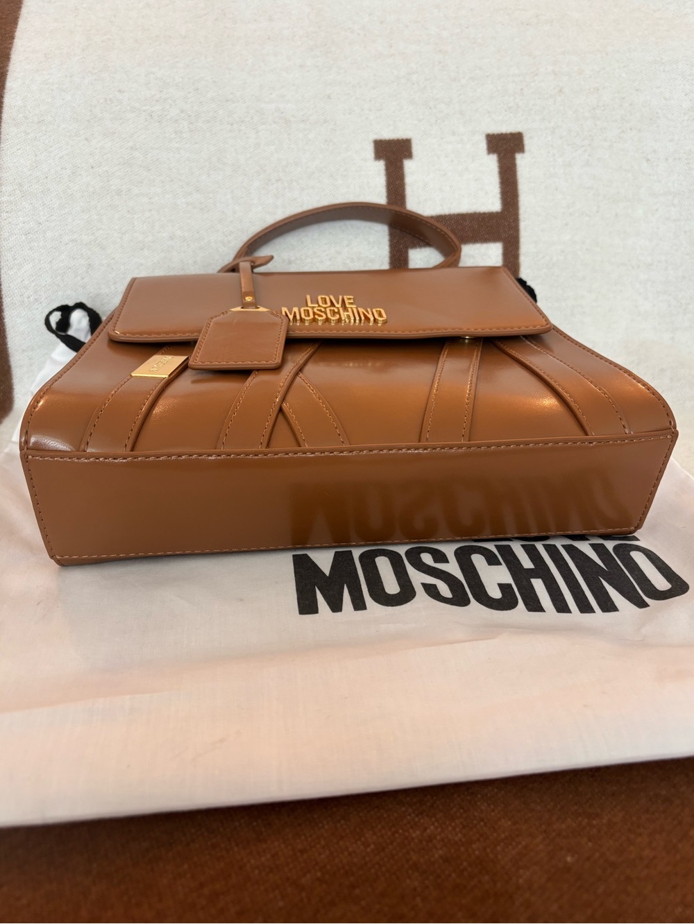 NWOT Love Moschino Tan Brown Top-Handle Satchel with Gold Hardware w/ dust bag - Picture 6 of 9